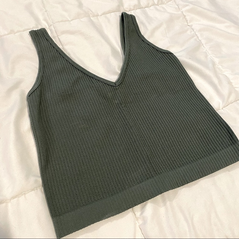 Free People Army Green Vneck Ribbed Crop Tank